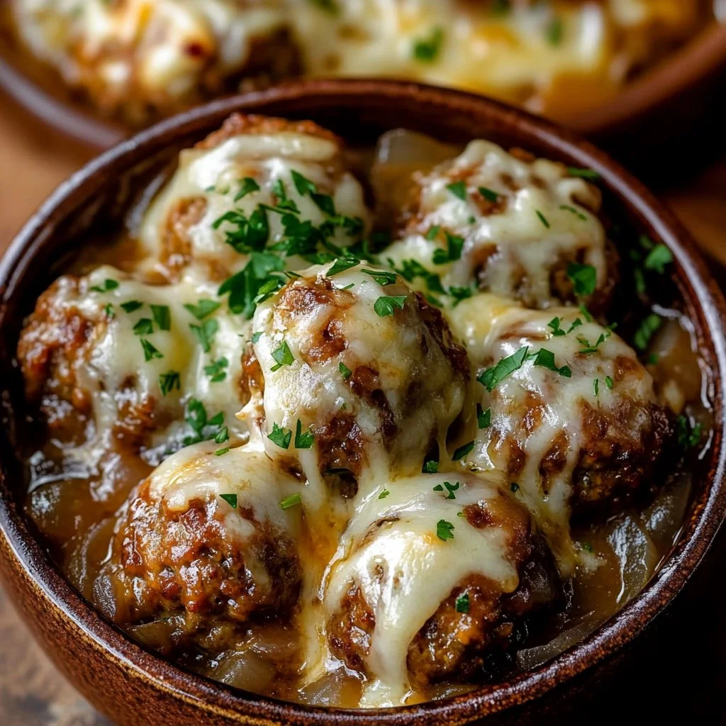 Crockpot French Onion Meatballs in a savory onion sauce served in a bowl