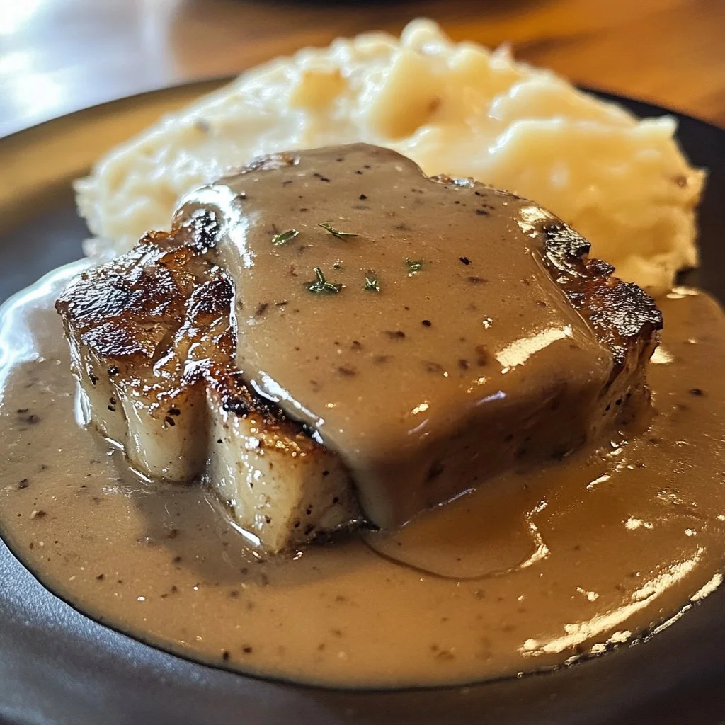 Tender cube steak smothered in savory gravy served on a plate