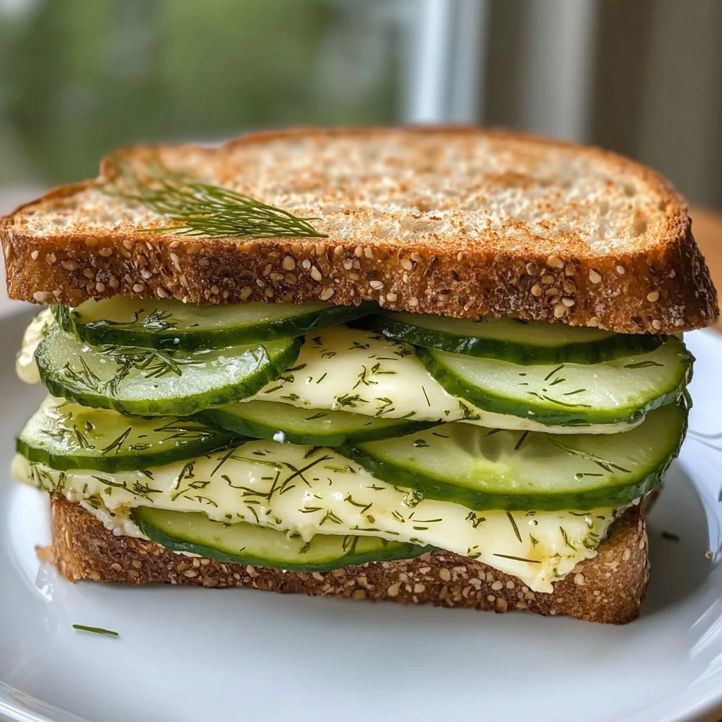 Fresh Cucumber Dill Havarti Sandwich on a wooden board with herbs