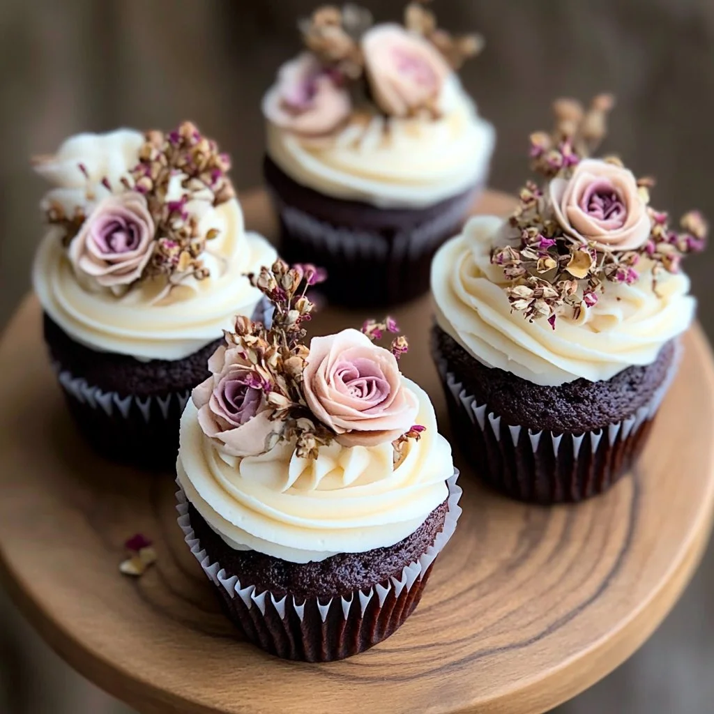 Cupcakes decorated with colorful dried florals for a stunning dessert display.