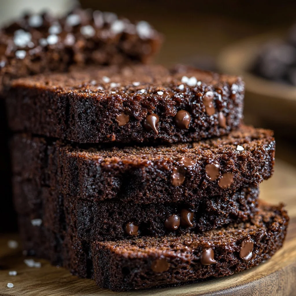 Delicious double chocolate banana bread slices on a wooden table