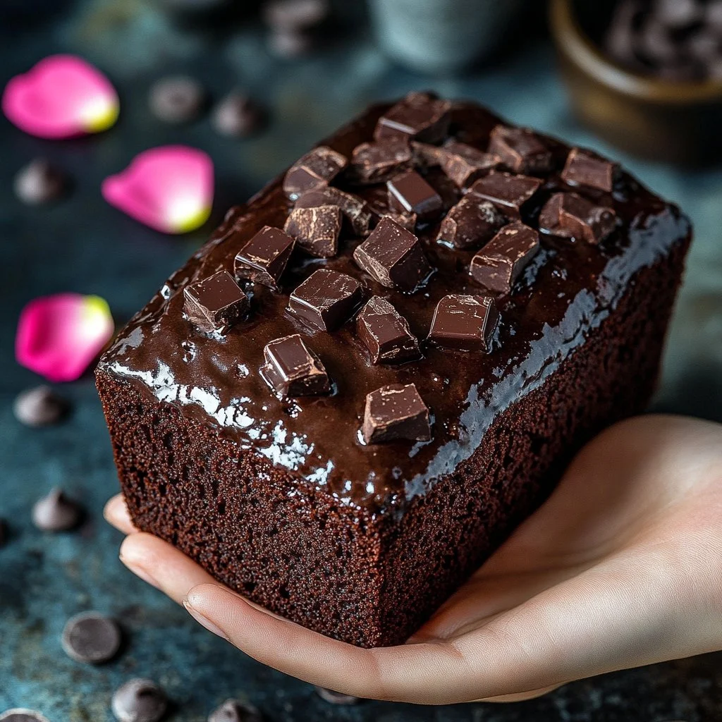 Slice of double chocolate banana bread with chocolate chips on a plate