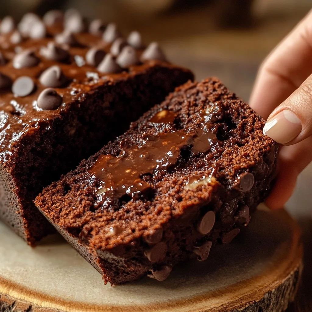 Delicious double chocolate banana bread on a wooden table.