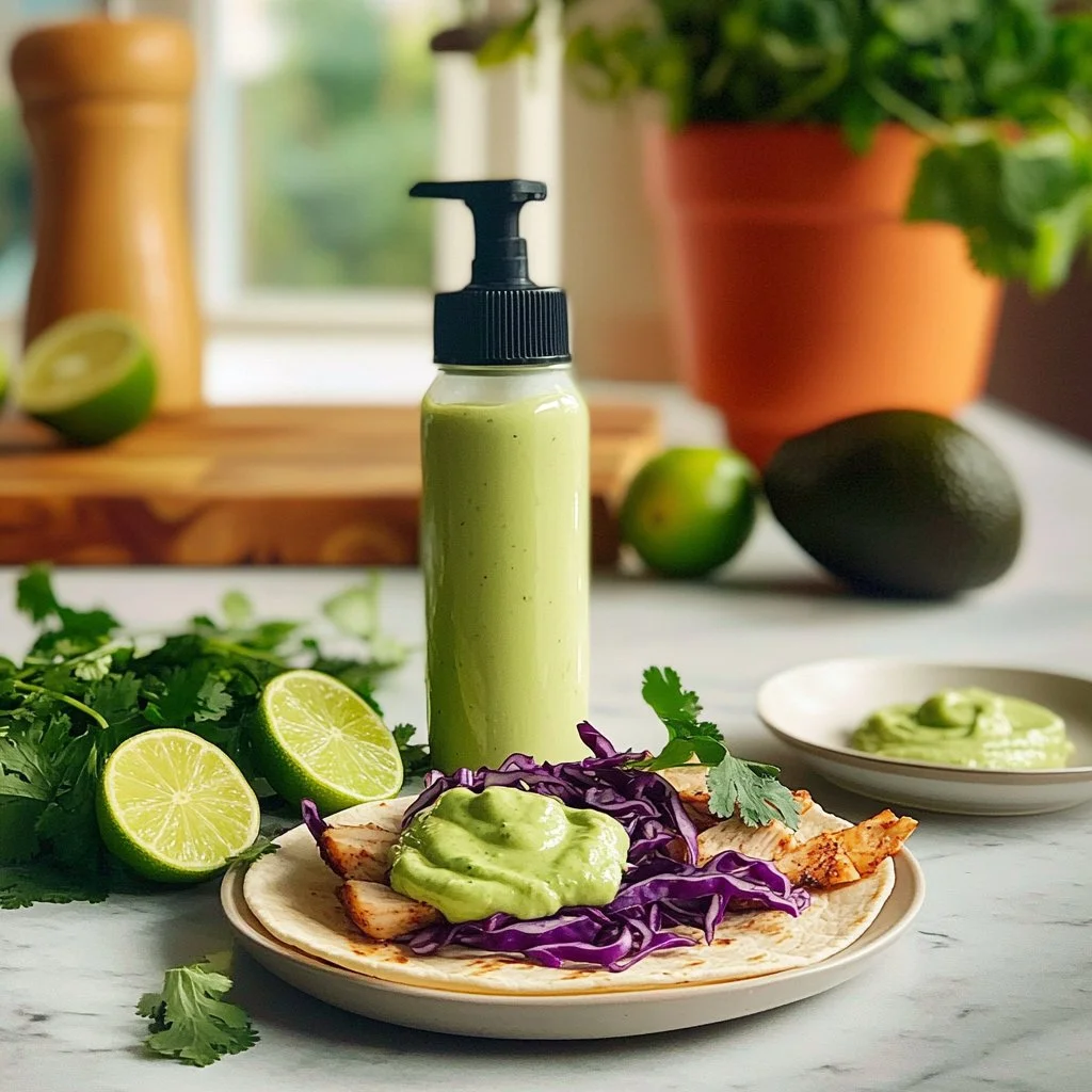 Bowl of easy avocado lime cream with lime slices and fresh herbs
