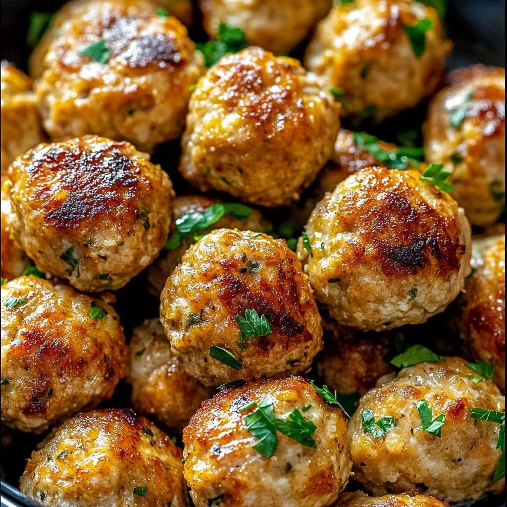 Easy baked chicken meatballs on a plate with herbs and sauce