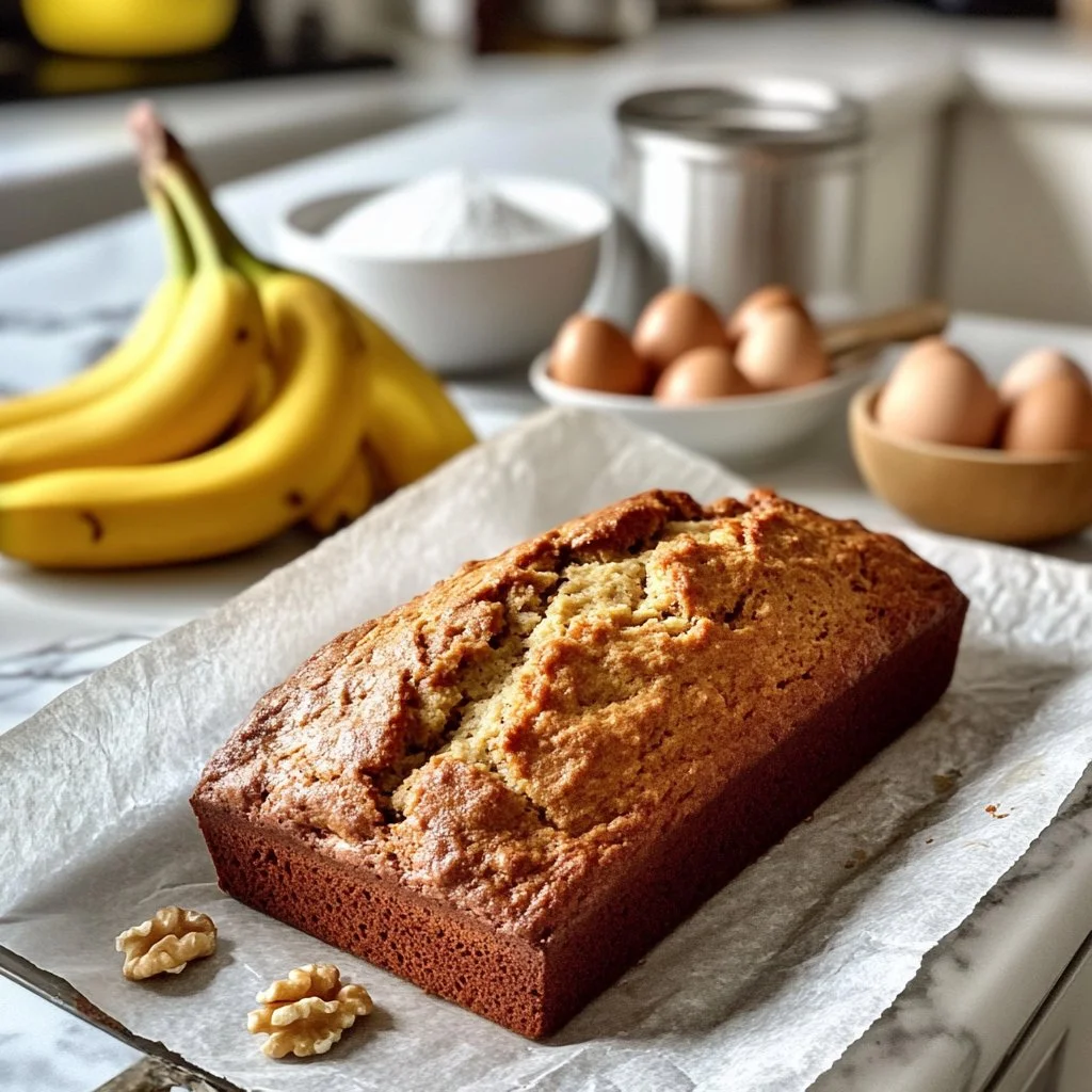 Loaf of easy homemade banana bread on a table