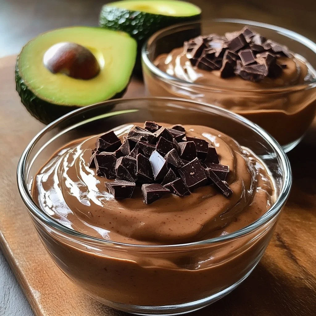Bowl of easy chocolate avocado pudding topped with nuts and berries