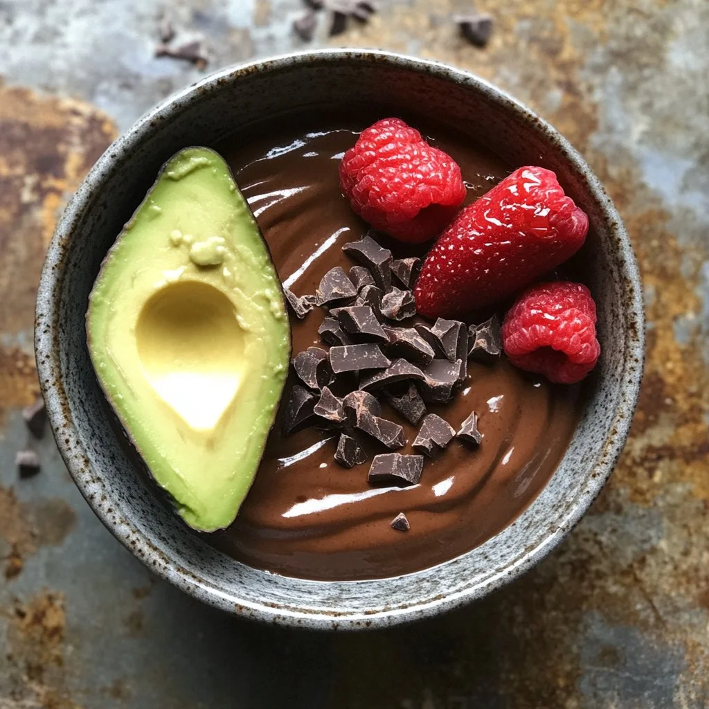 Bowl of easy chocolate avocado pudding topped with berries and mint.