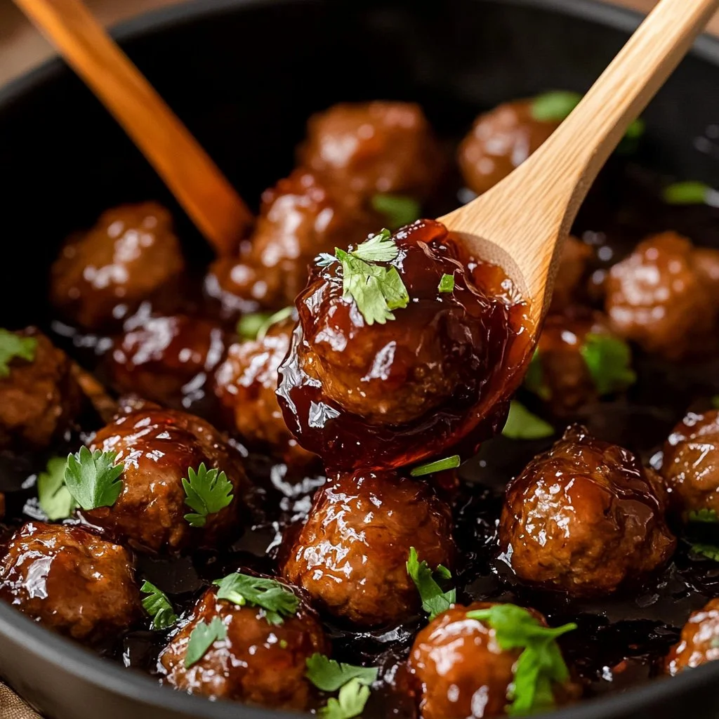 Easy grape jelly meatballs served on a platter with toothpicks