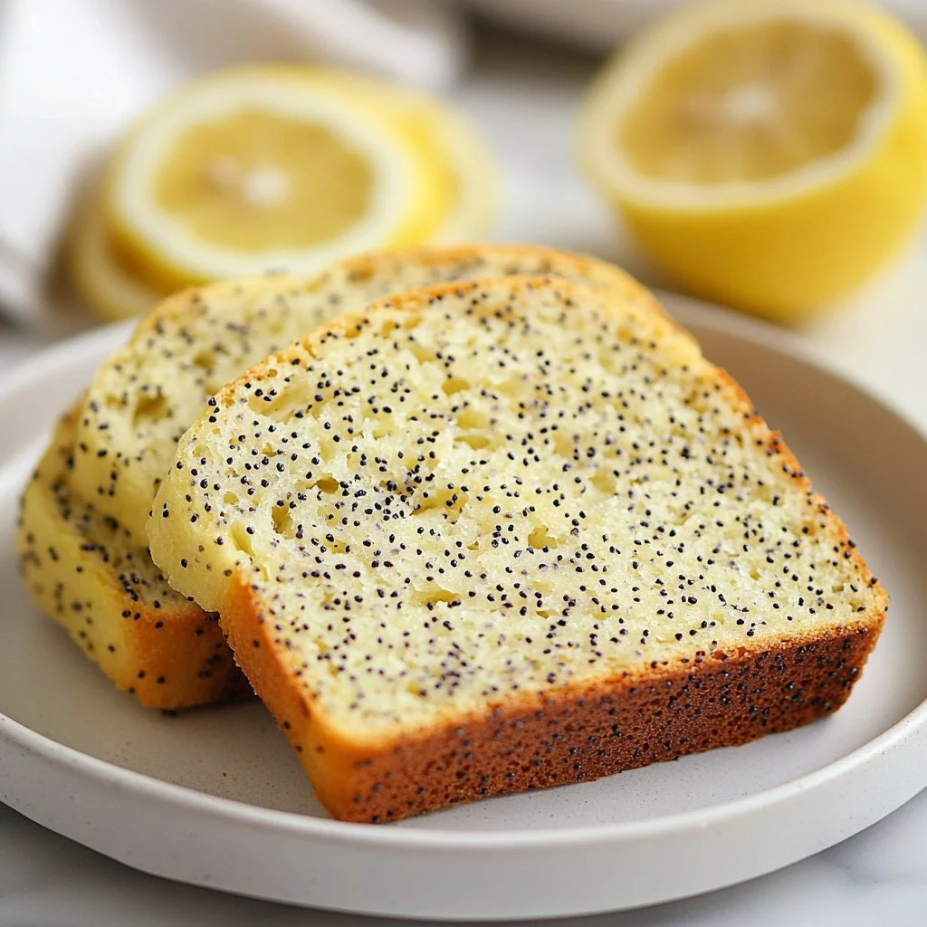 Slice of easy lemon poppy seed bread on a plate with lemon zest garnish