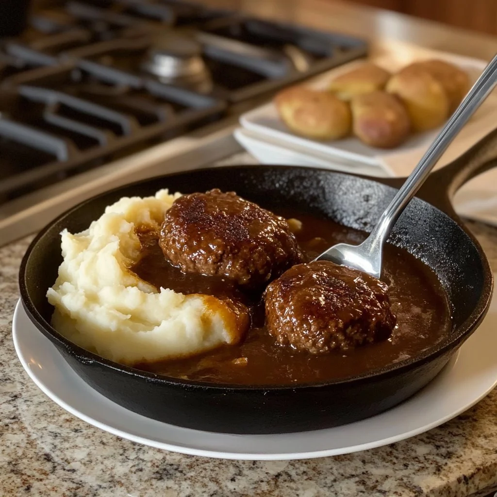 Delicious plate of easy Salisbury Steak served with gravy and mashed potatoes