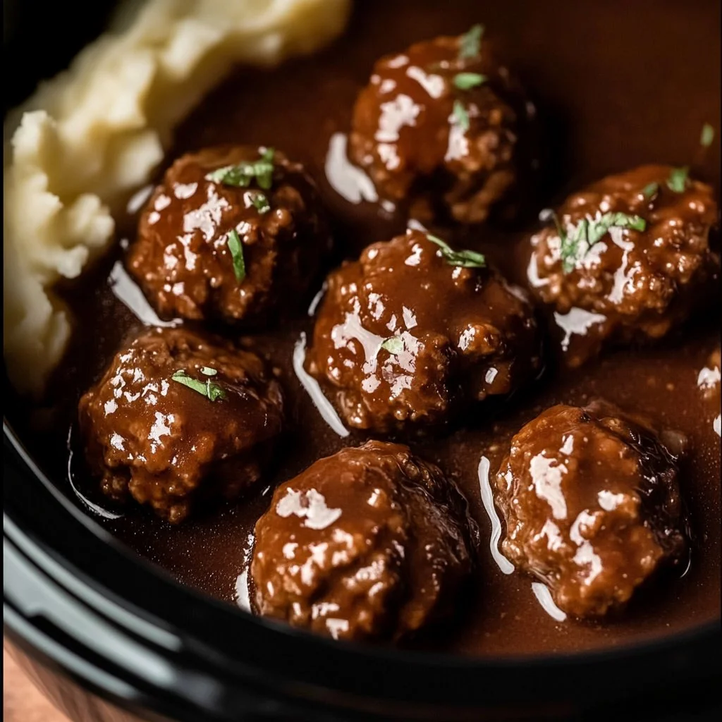 Easy slow cooker Salisbury steak meatballs served on a plate with gravy