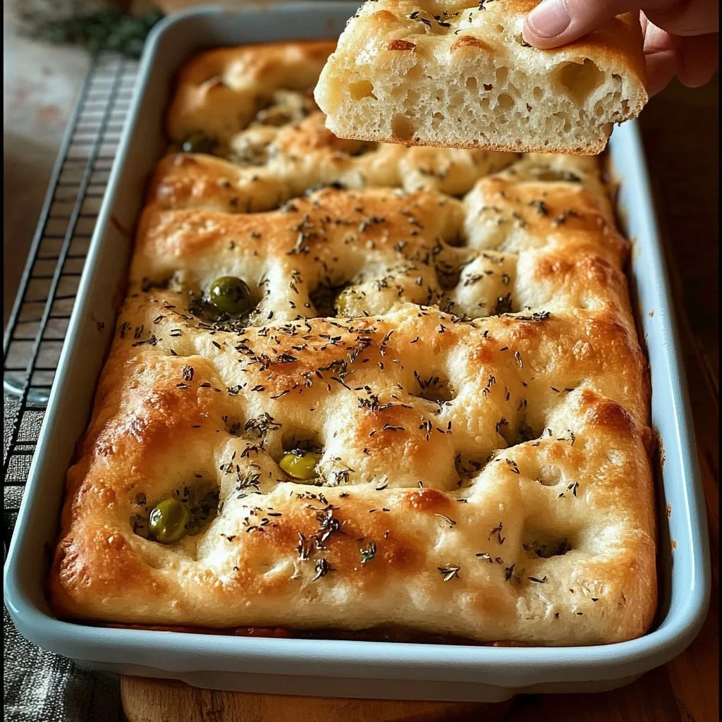 Freshly baked easy sourdough focaccia bread on a rustic wooden table.
