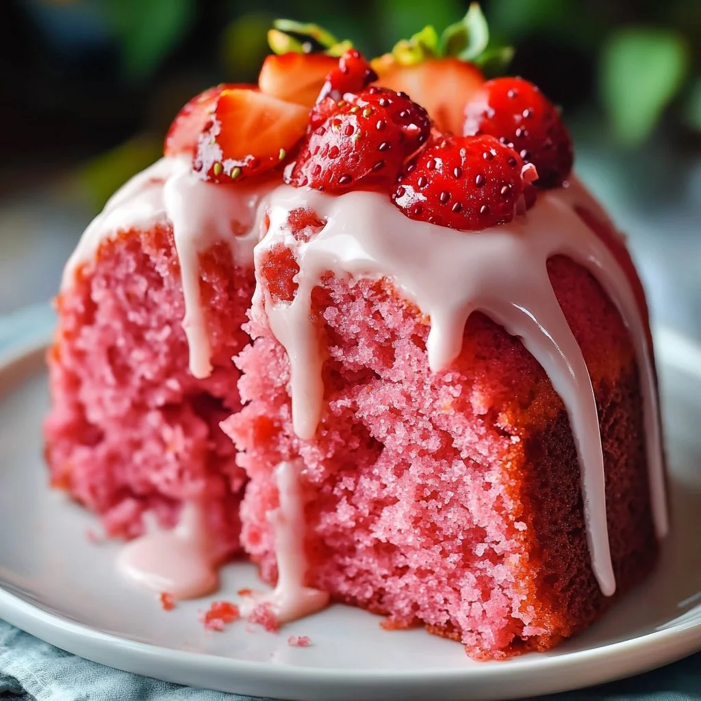 Slice of easy strawberry pound cake with fresh strawberries on top