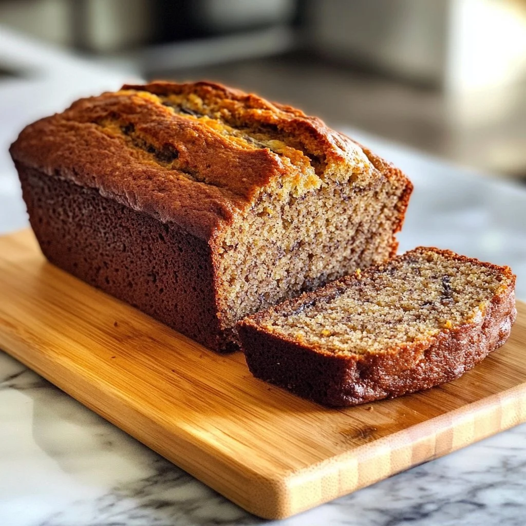A slice of easy sugar free banana bread on a wooden table.