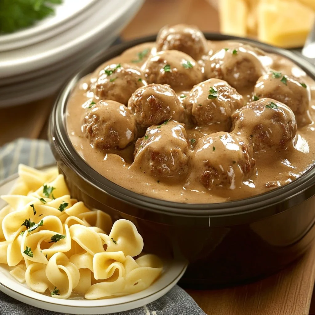 Delicious Swedish meatballs cooking in a crockpot for an easy recipe.