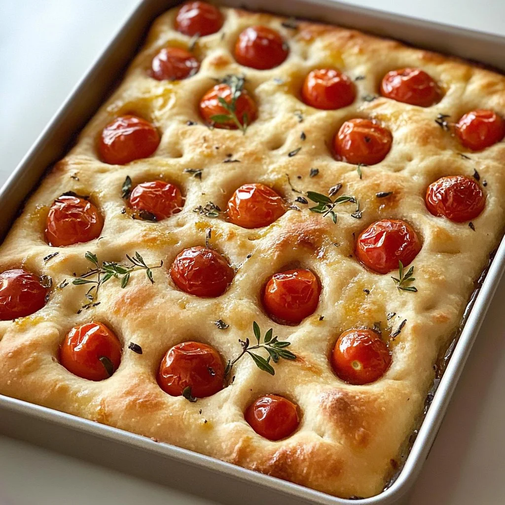 Freshly baked focaccia bread topped with herbs and olive oil.