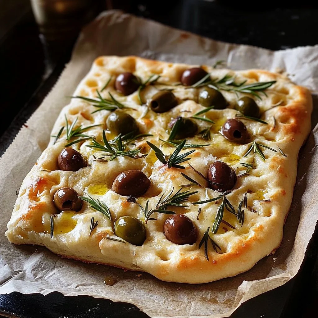 Focaccia topped with olives, garlic, and fresh rosemary, ready to serve.