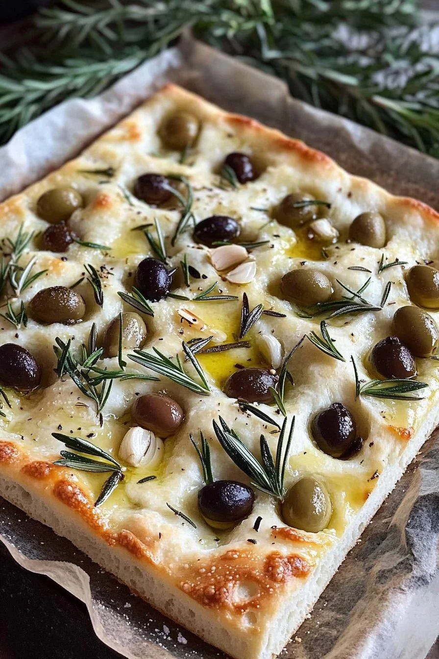 Focaccia with Olives, Garlic, and Rosemary
