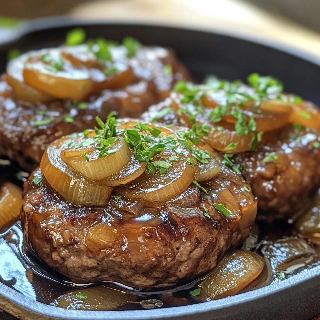 Plate of French Onion Salisbury Steak with onions and gravy garnished with herbs.