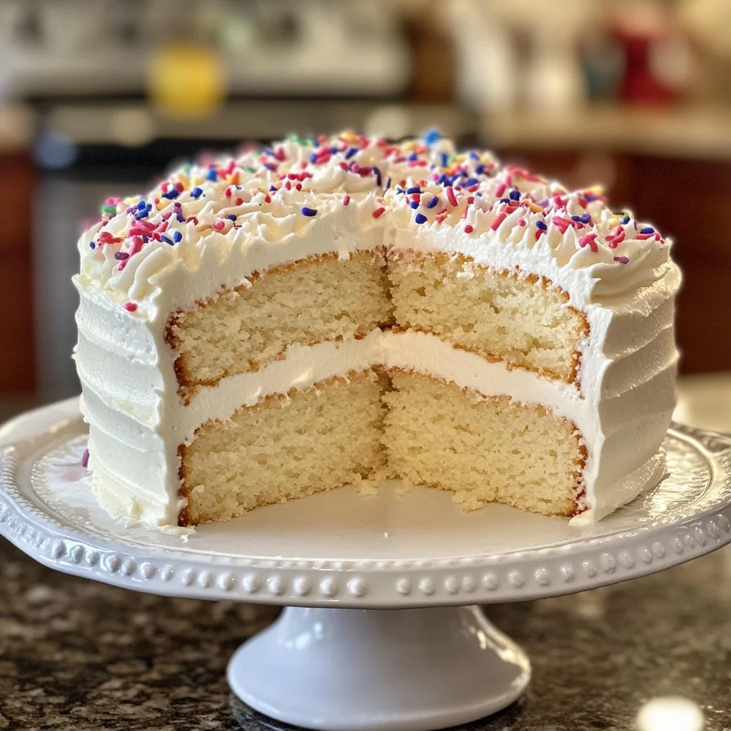 Delicious slice of French Vanilla Cake topped with cream and fresh berries