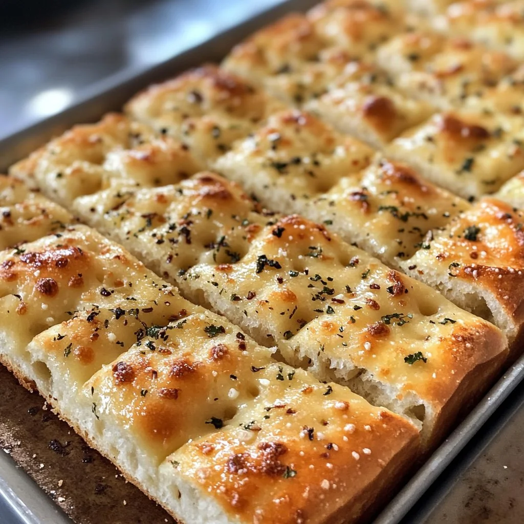 Freshly baked Garlic Parmesan Focaccia bread with herbs and butter.