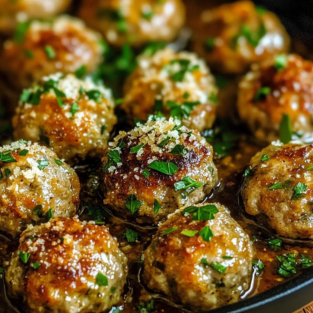 Savory Garlic Parmesan Meatballs served on a plate with herbs and sauce.