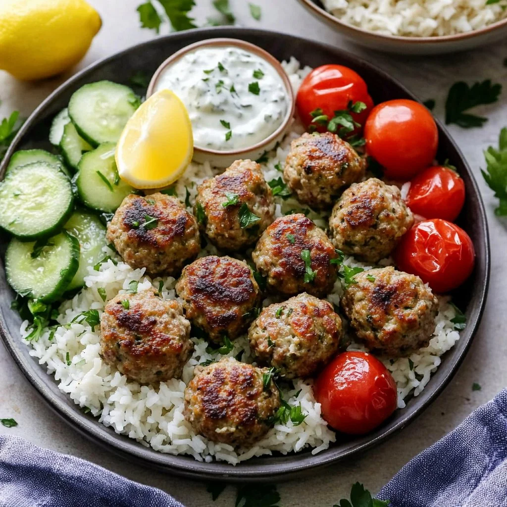 Greek Turkey Meatballs served with Tzatziki Sauce on a plate