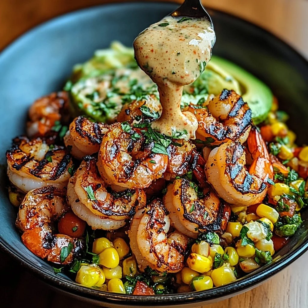 Grilled shrimp bowl with avocado, corn salsa, and creamy garlic sauce