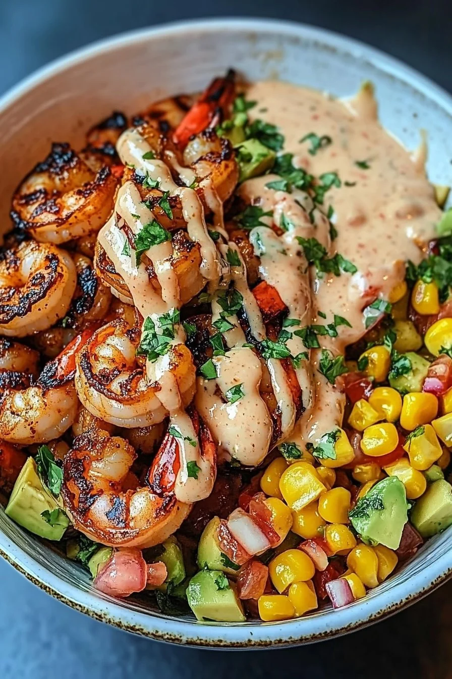 Grilled Shrimp Bowl with Avocado, Corn Salsa & Creamy Garlic Sauce