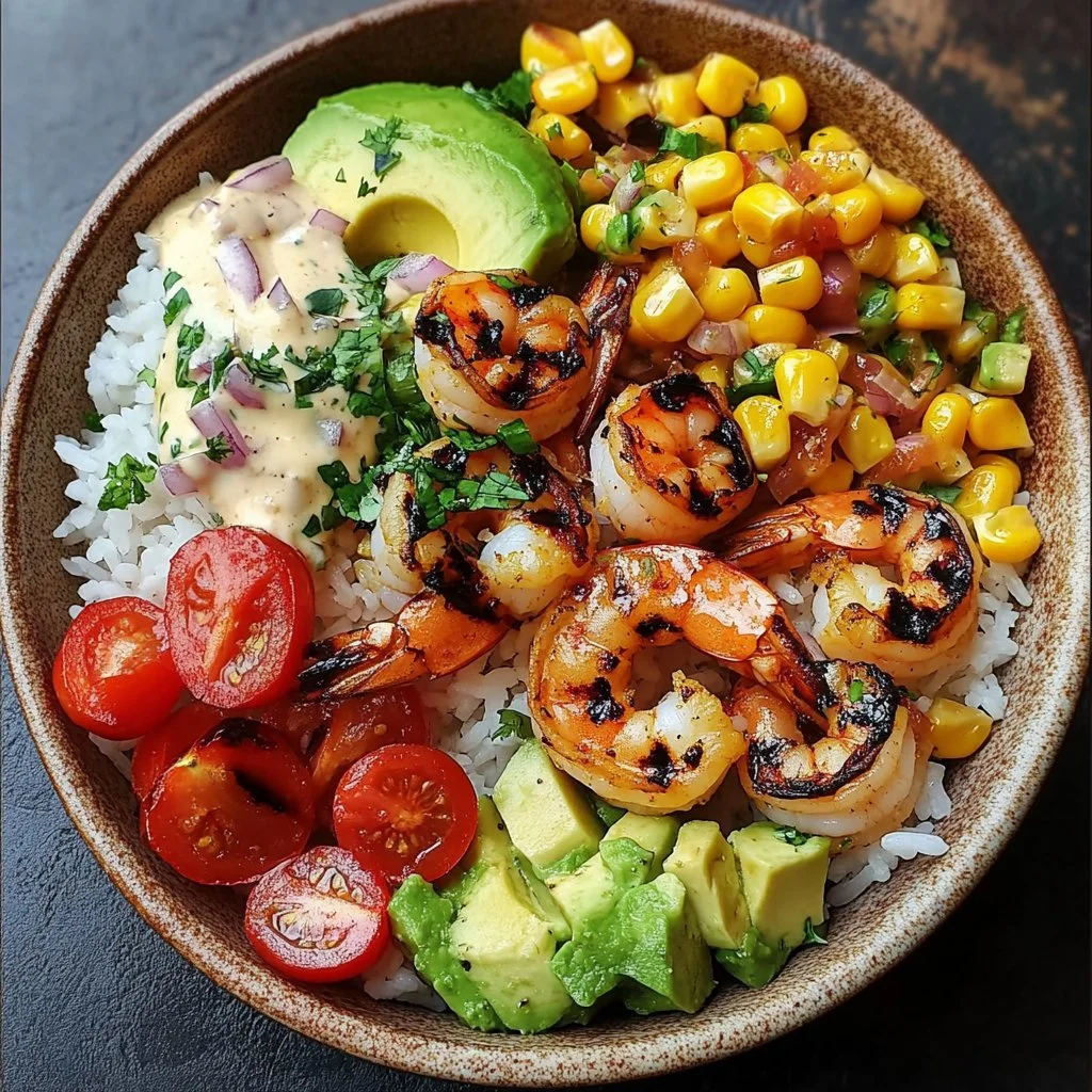 Grilled shrimp bowl with avocado, corn salsa, and creamy sauce served in a bright dish