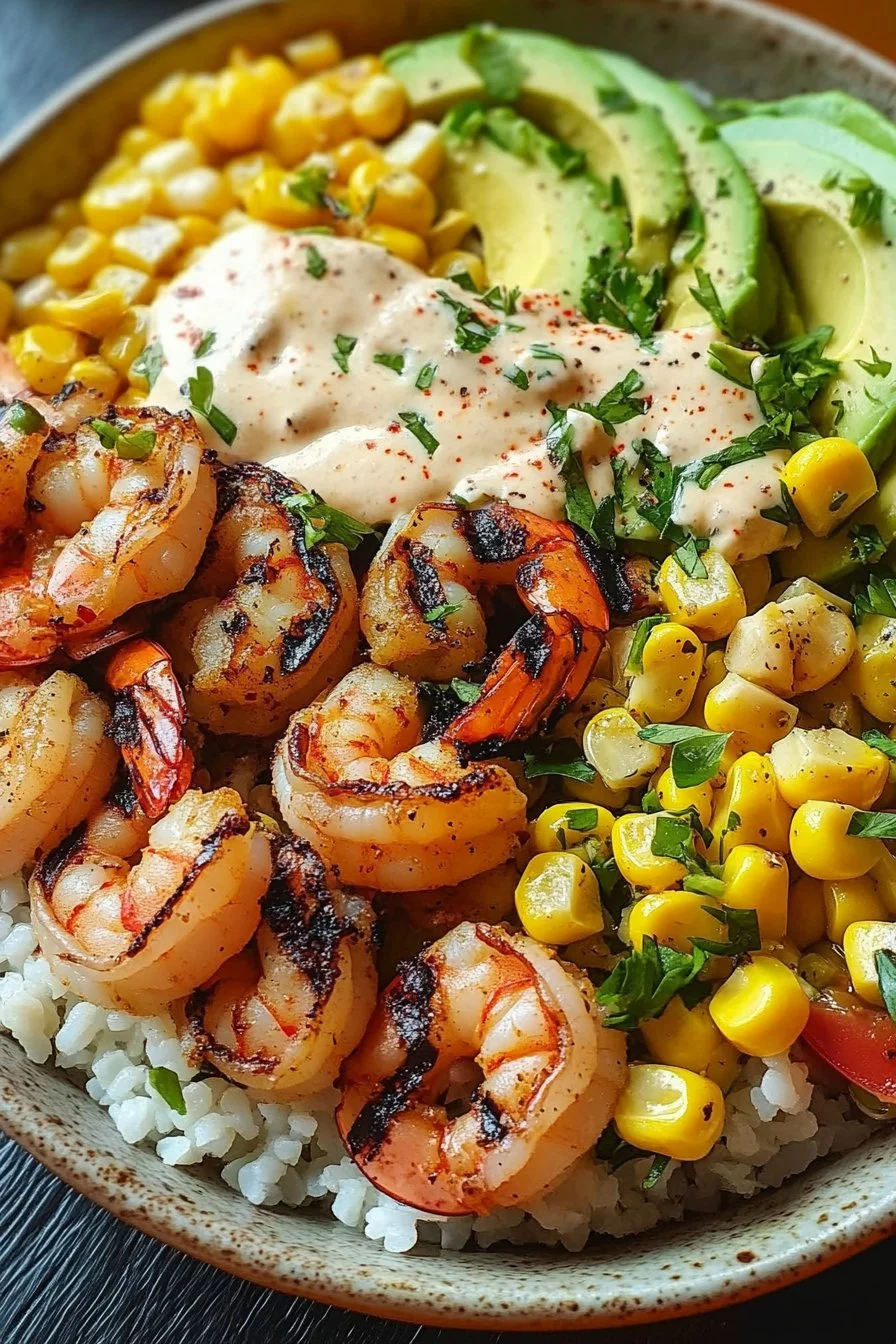 Grilled Shrimp Bowl with Avocado, Corn Salsa & Creamy Sauce