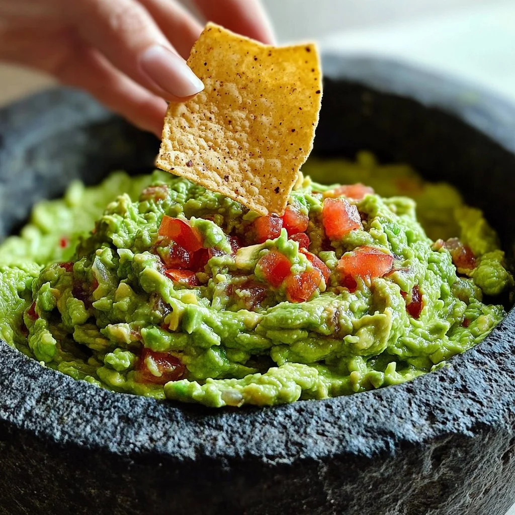 A bowl of fresh guacamole with tortilla chips and cilantro garnish.