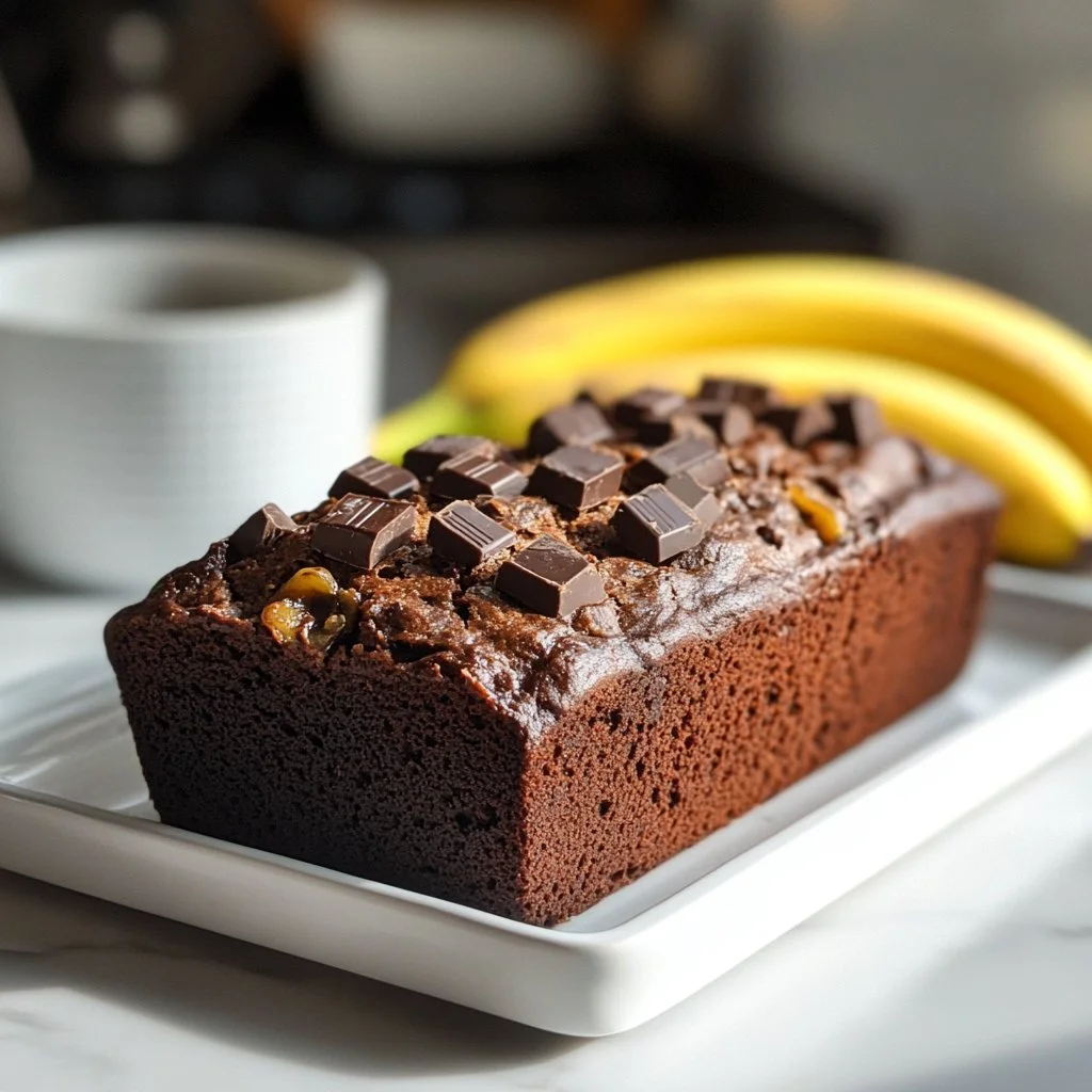 Slice of healthy chocolate banana bread topped with chocolate chips.