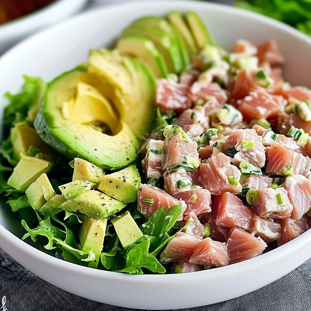 Healthy tuna salad with avocado served in a bowl.
