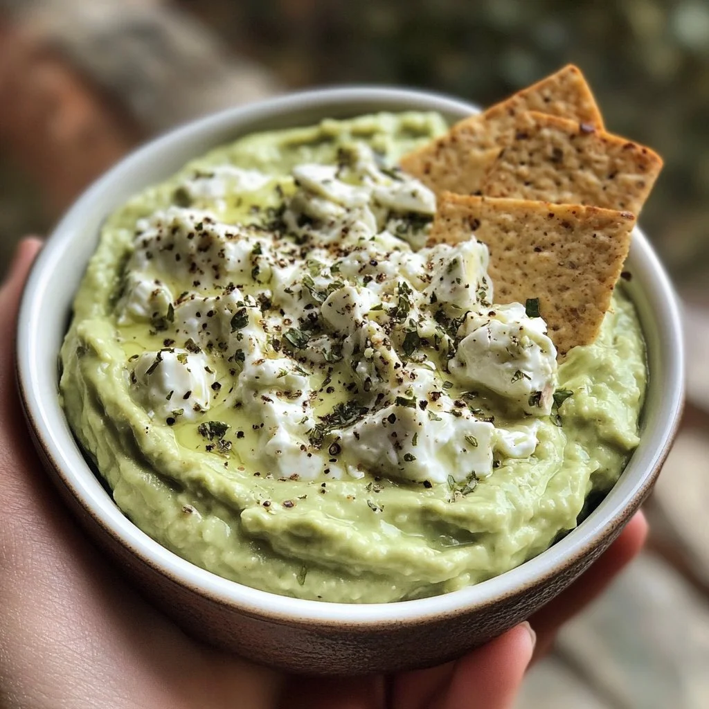 High-protein avocado cottage cheese dip in a bowl with fresh herbs