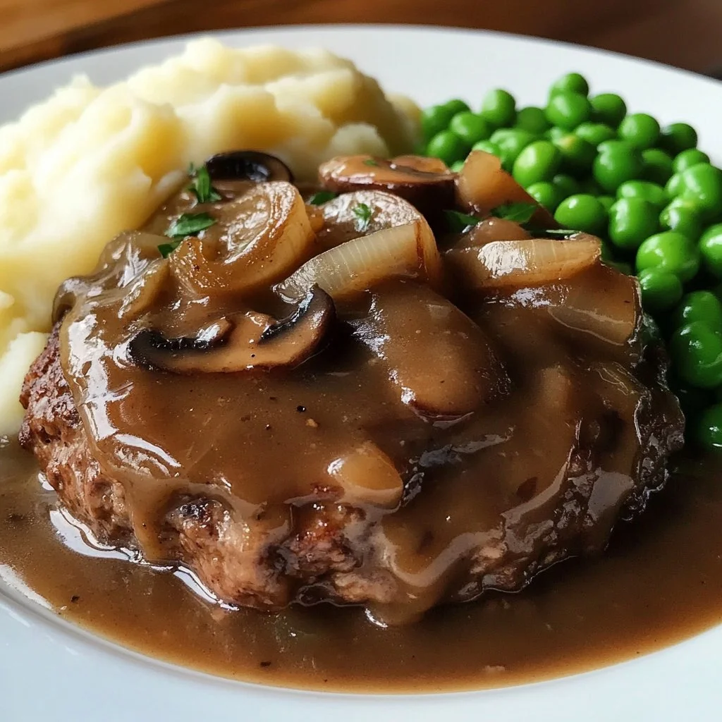 Homemade Salisbury steak served with savory mushroom gravy