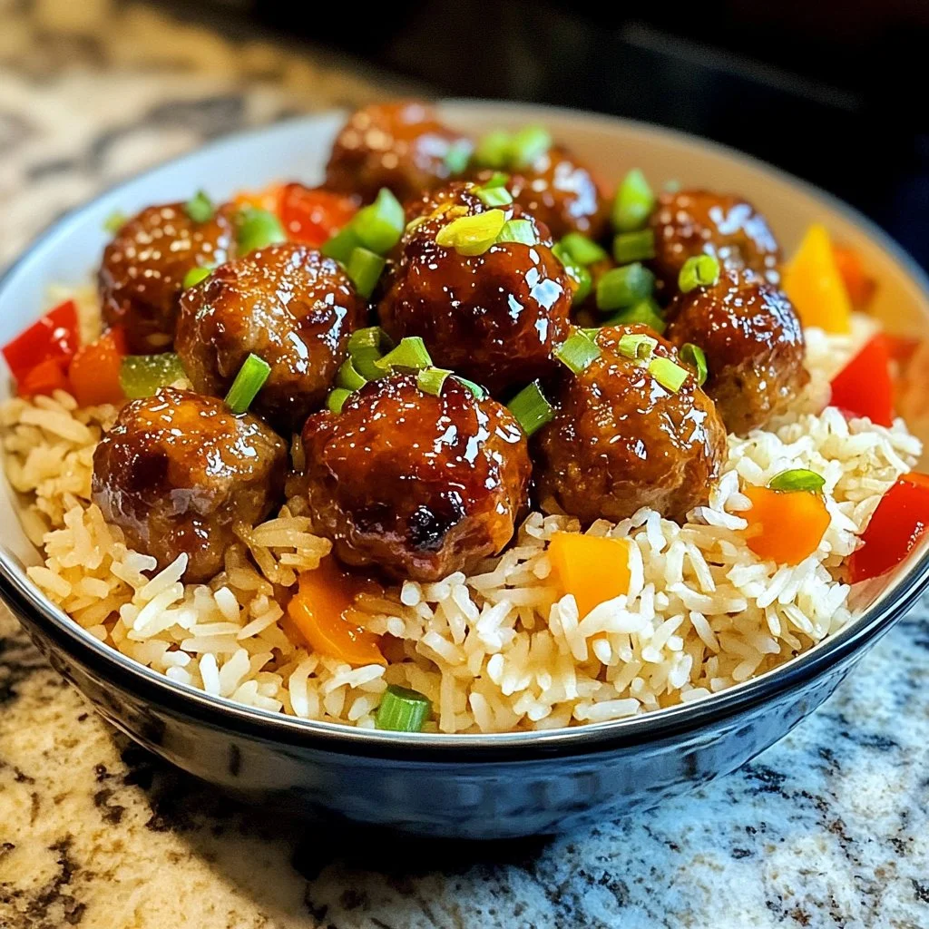 Honey Garlic Meatball Rice Bake dish served with fresh herbs