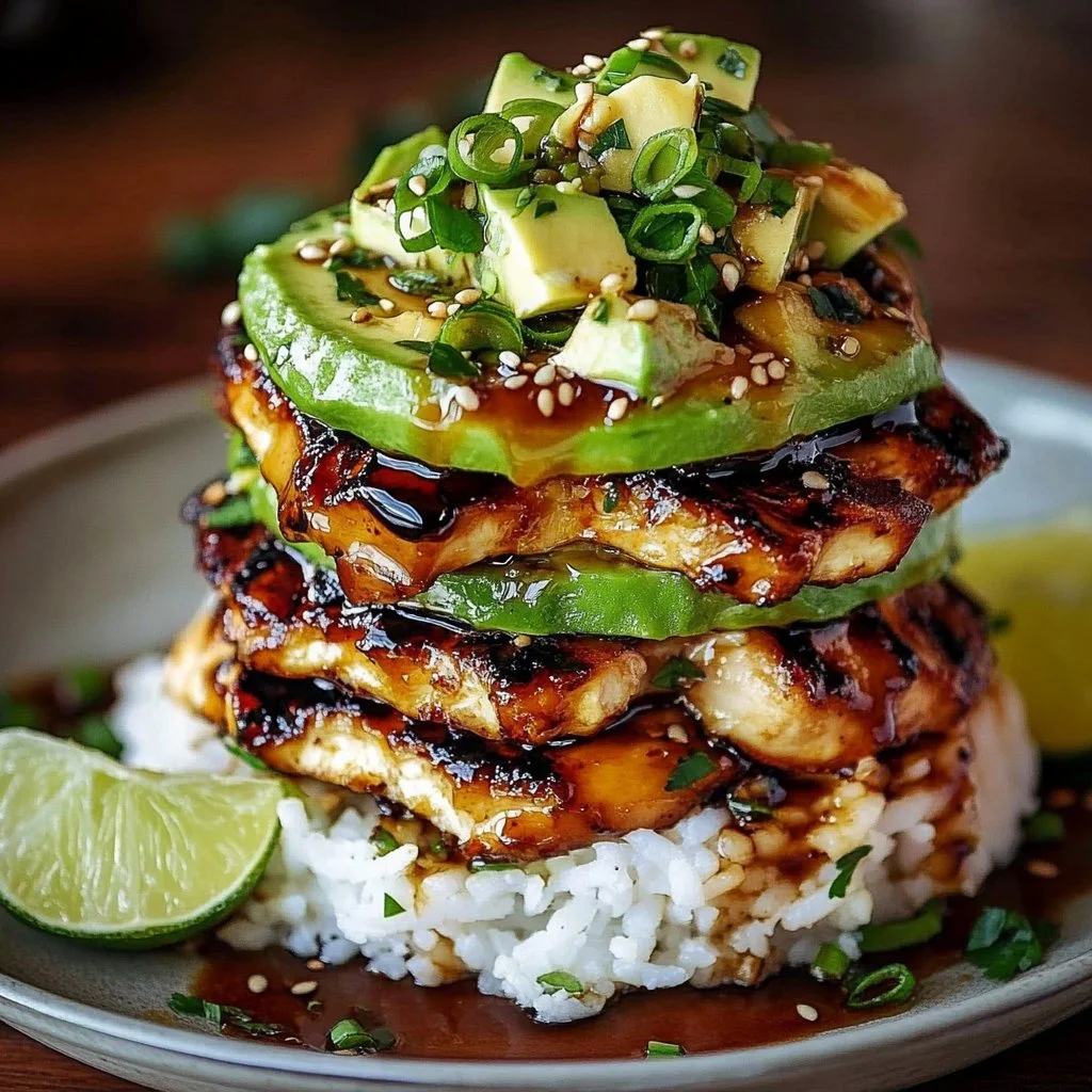 Honey Lime Chicken served on a bed of avocado rice in a vibrant stack presentation