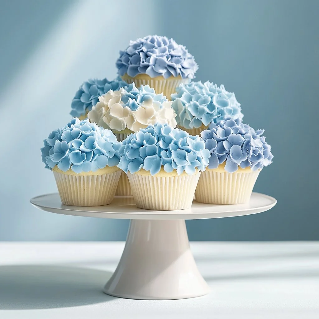 Beautiful hydrangea cupcakes decorated with floral frosting