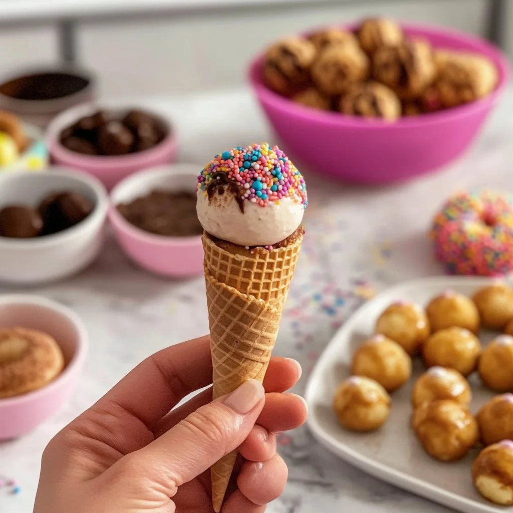Ice Cream Cone Cake Pops on display, colorful and fun treat idea.