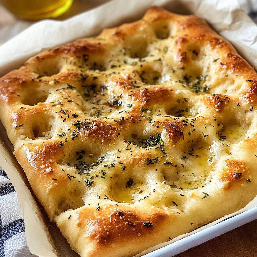 Homemade Italian Garlic Butter Focaccia with herbs and seasoning