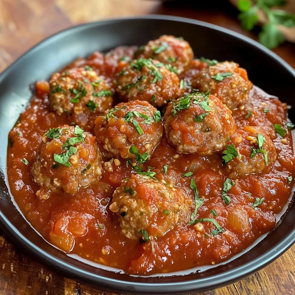 Homemade Italian meatballs served with marinara sauce and fresh herbs