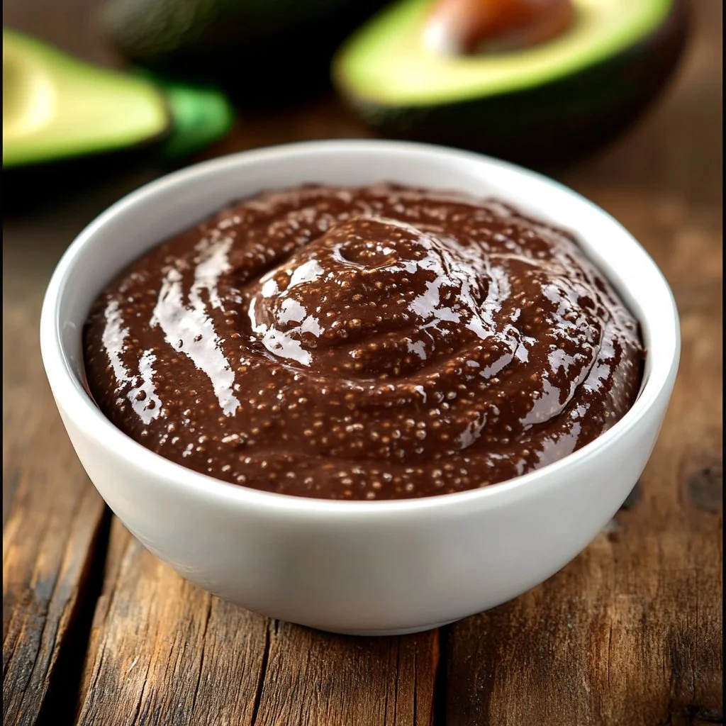 Keto Chocolate Chia Avocado Pudding in a bowl topped with chia seeds