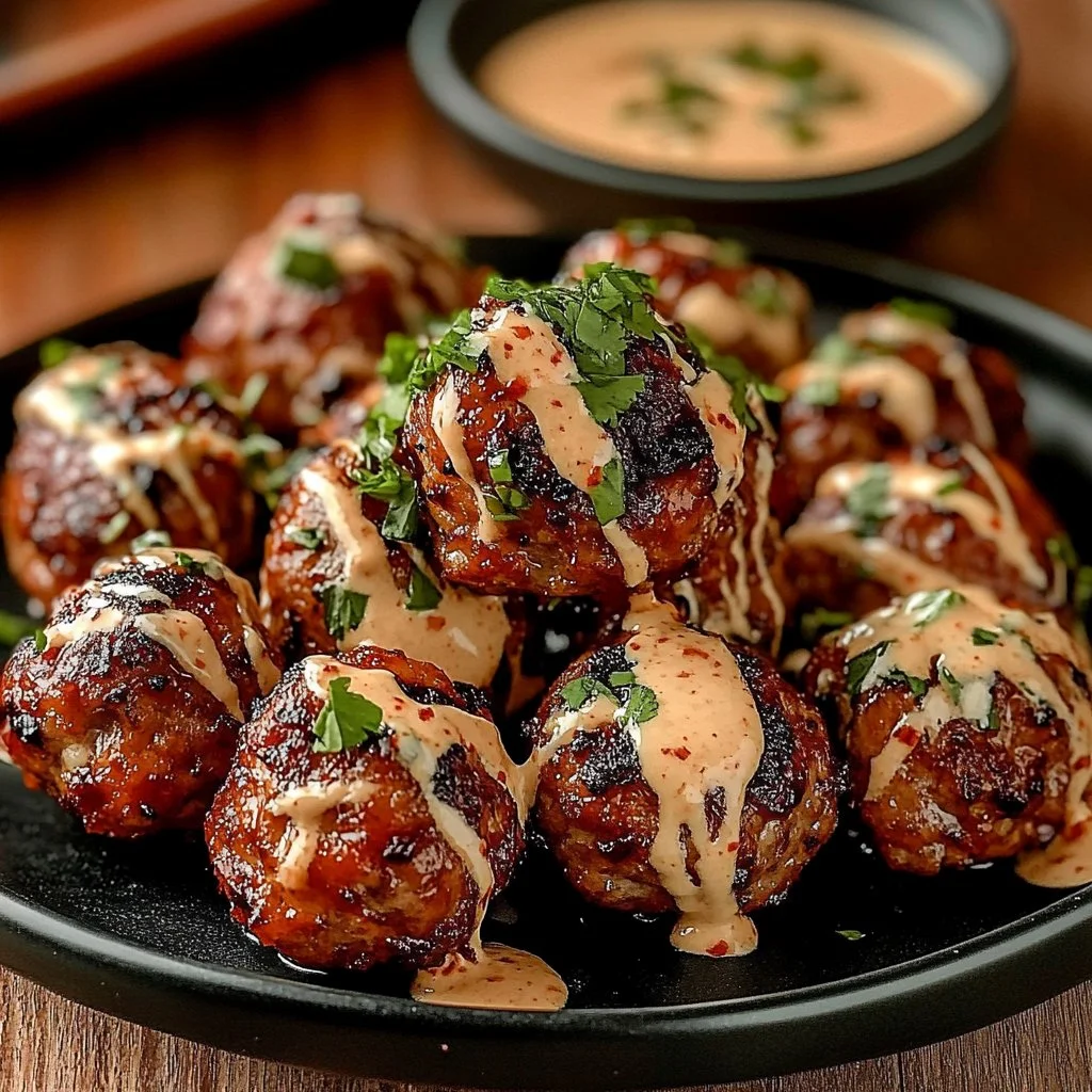 Image of Korean BBQ Meatballs with Spicy Mayo Dip on a plate