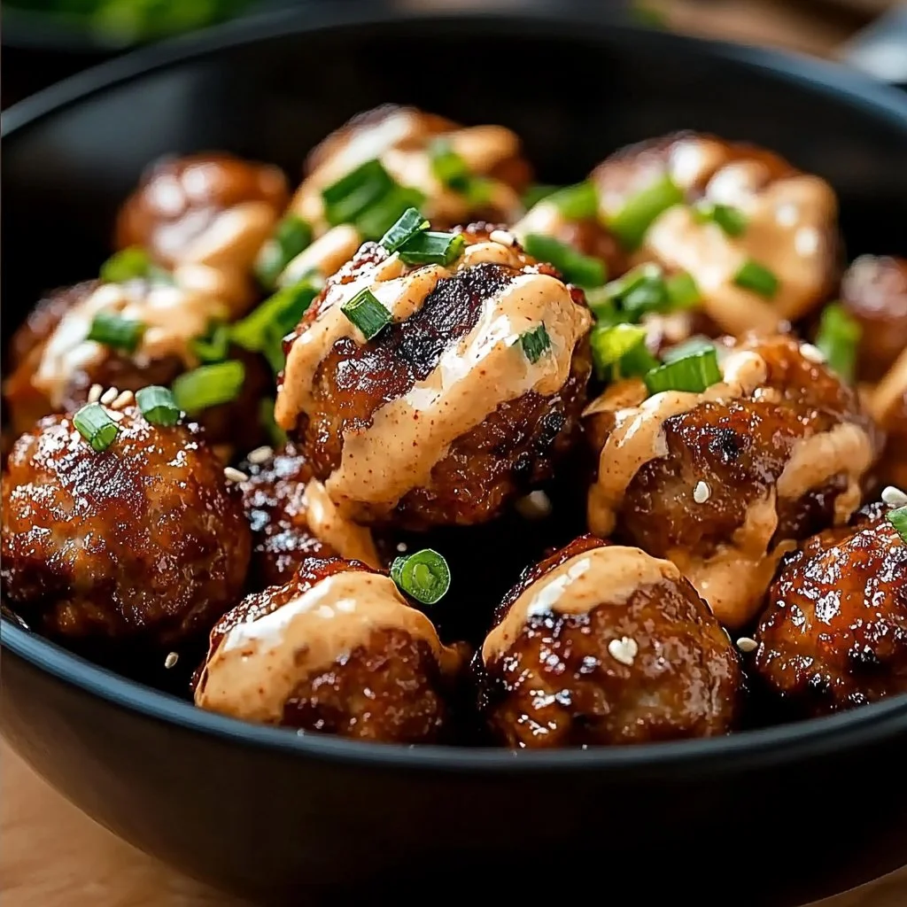 Plate of Korean BBQ meatballs served with spicy mayo dip