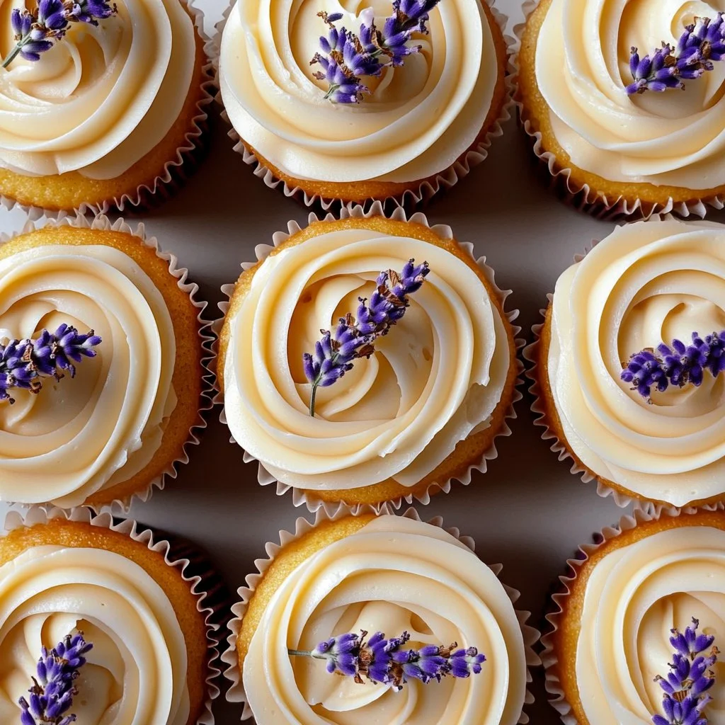 Lavender Honey Cupcakes topped with lavender sprigs and honey drizzle.
