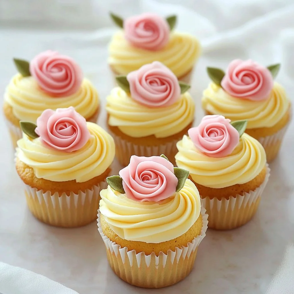 Lemon rose cupcakes topped with delicate frosting and edible rose petals