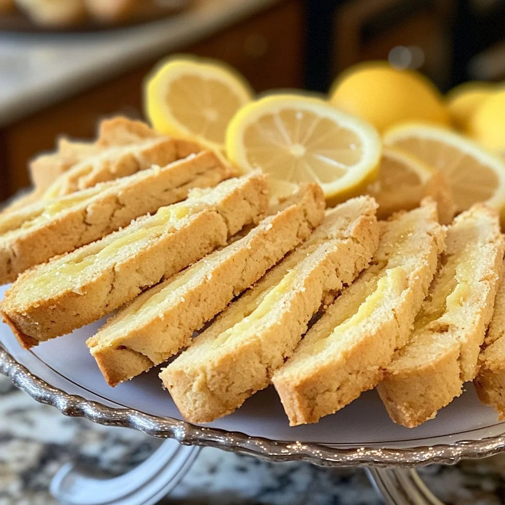 Homemade lemon biscotti on a plate, ideal for tea or coffee.