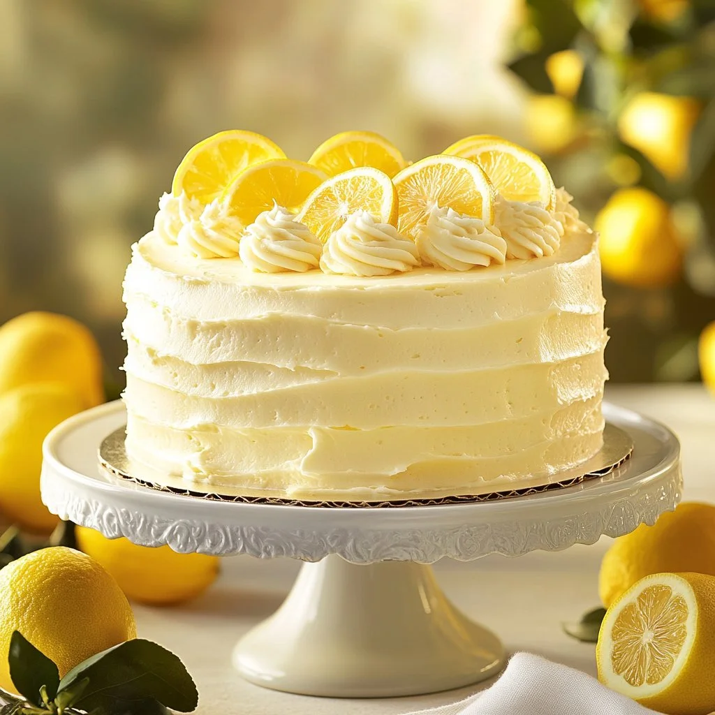 Delicious homemade lemon cake with frosting and lemon slices on top.